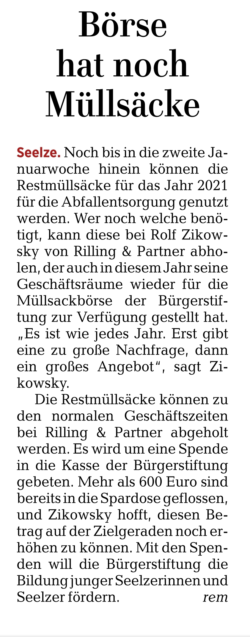 2022 0401 HAZ Seelze Boerse hat noch müllsaecke