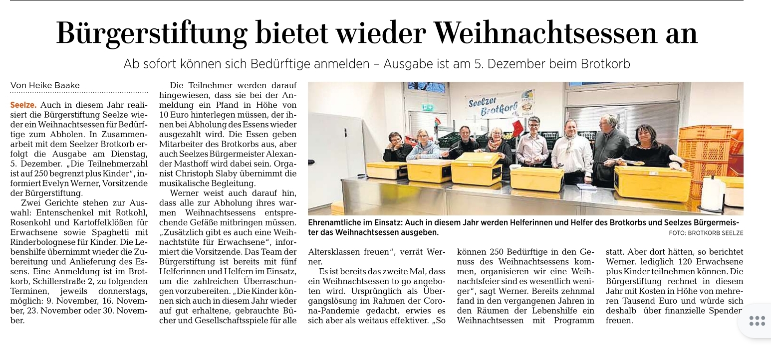 2023 0711 HAAZ Seelze Buergerstiftung bietet wieder ein WEihnachtsessen an