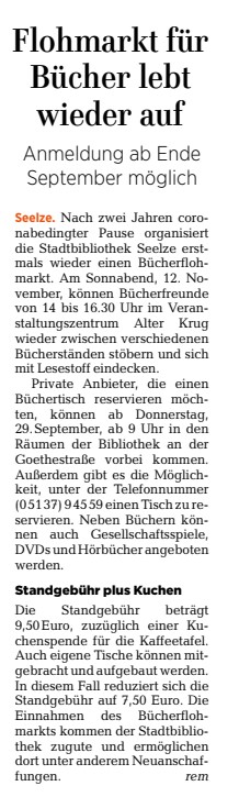 2022 0410 HAZ Seelze Flohmarkt fuer Buecher lebt wieder auf