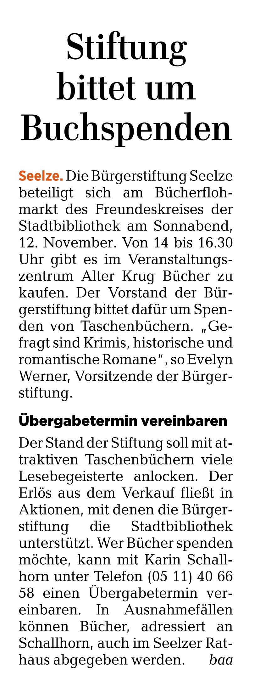 2022 2510 HAZ Seelze Stiftung bittet um Buchspenden