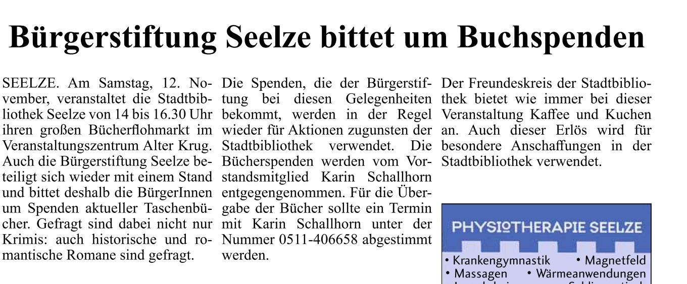 2022 2910 Umschau Buergerstiftung Seelze bittet um Buchspenden