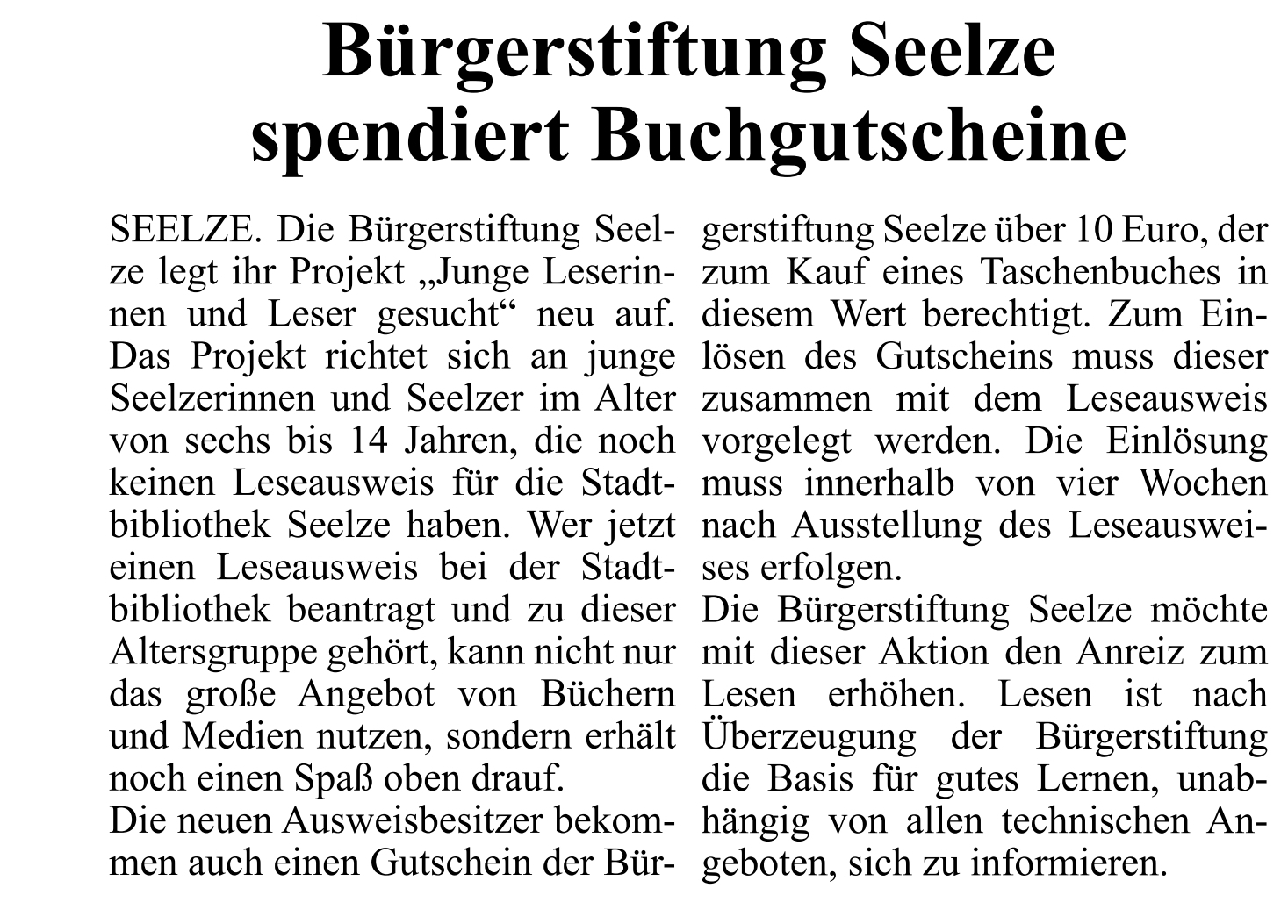 2023 0104 Umschau Buergerstiftung Seelze spendiert Buchgutscheine