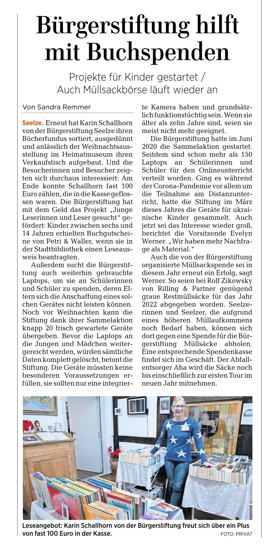 2022 1712 HAZ Seelze Buergerstiftung hilft bei Buchspenden
