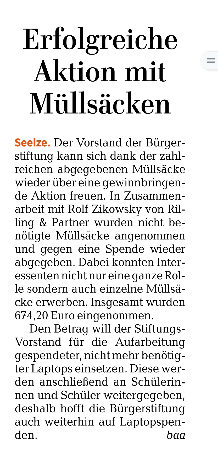 2023 1201 HAZ Seelze Erfolgreiche Aktion