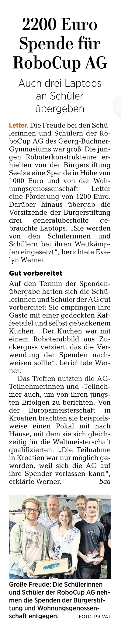 2023 1110 HAZ Seelze 2200 Euro Sende für RoboCup
