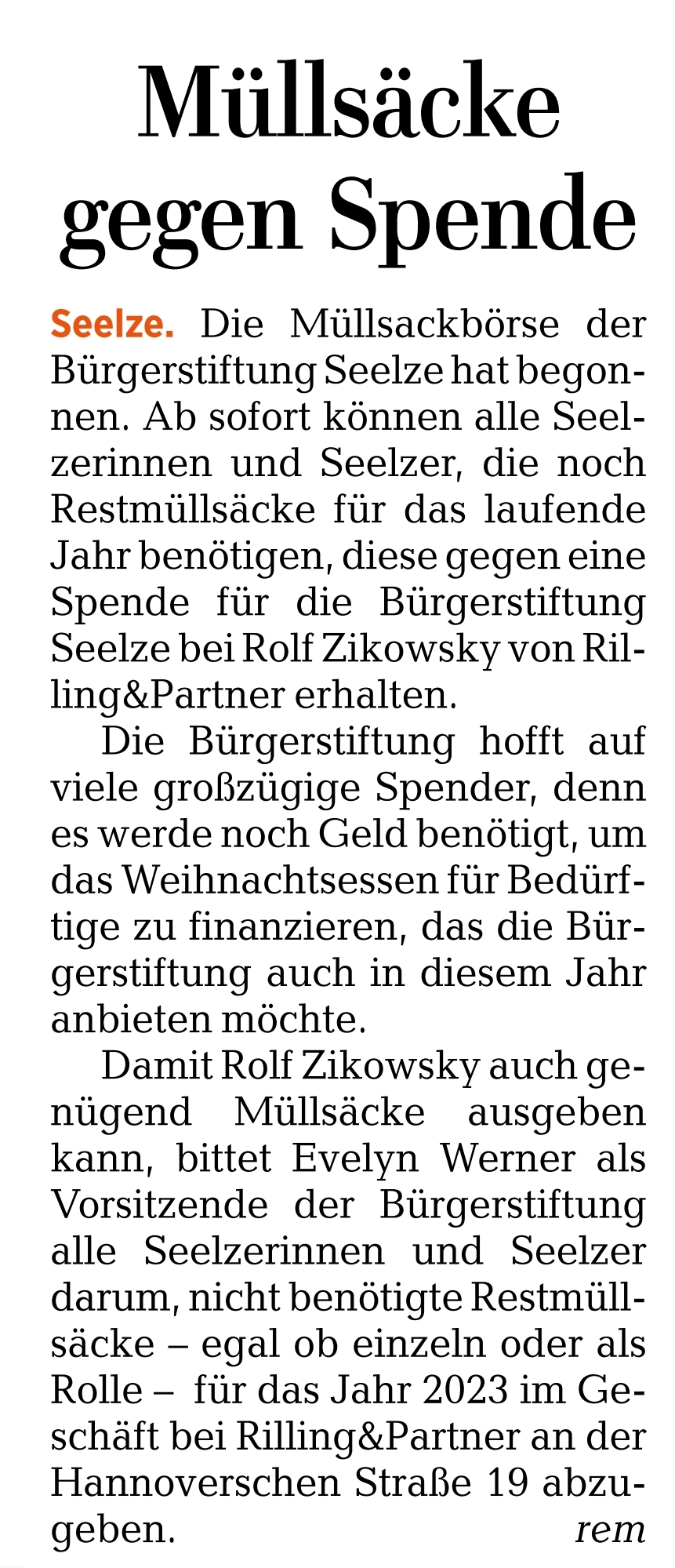 2023 1610 HAZ Seelze Muellsaecke gegen Spende