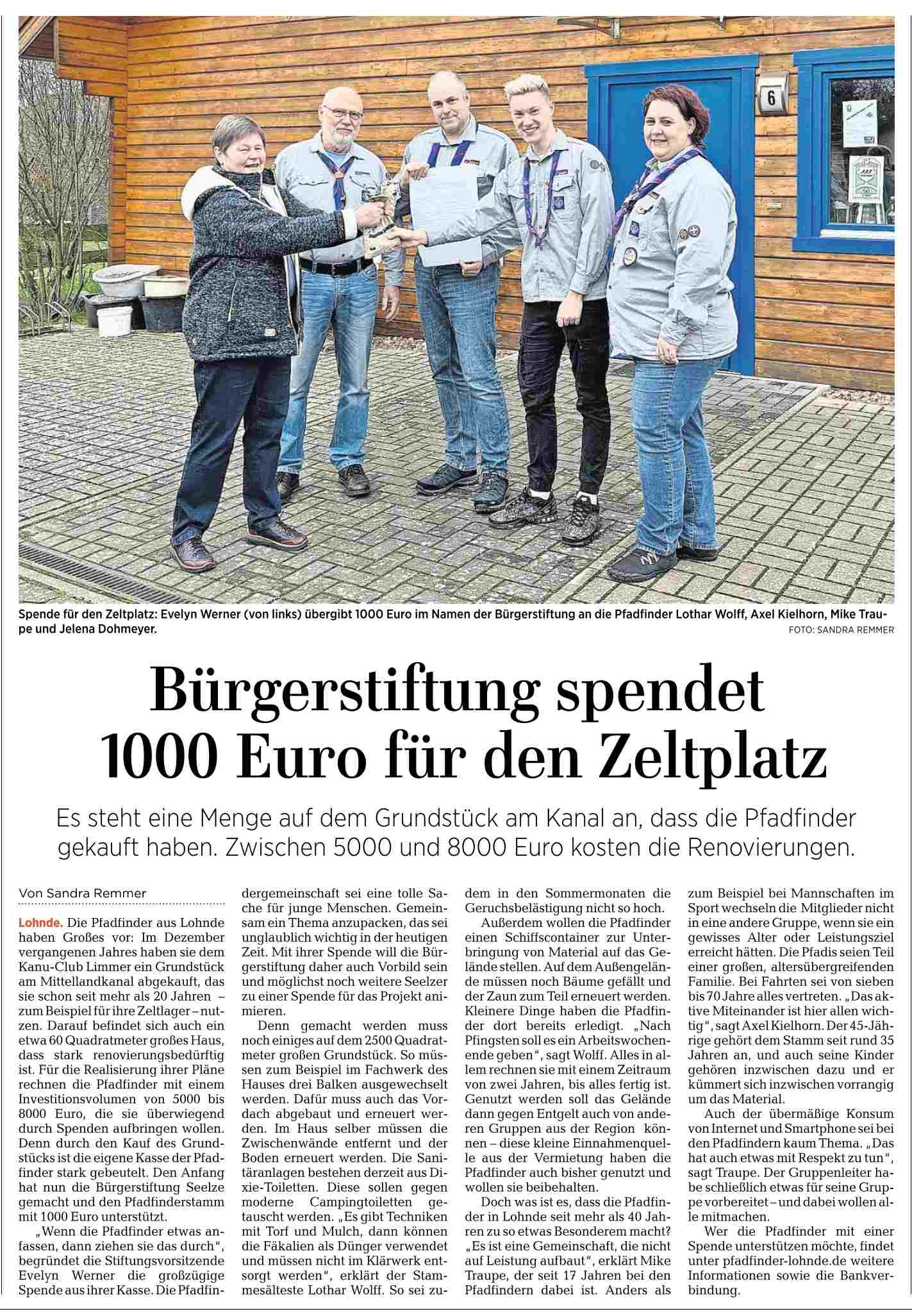 2024 2602 HAZ Seelze Buergerstiftung spendet 1000 Euro fuer den Zeltplatz a